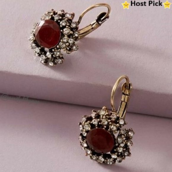 None Jewelry - Vintage Boho Ethnic Ruby Red Crystal Rhinestones Flower Drop Lever Back Earrings